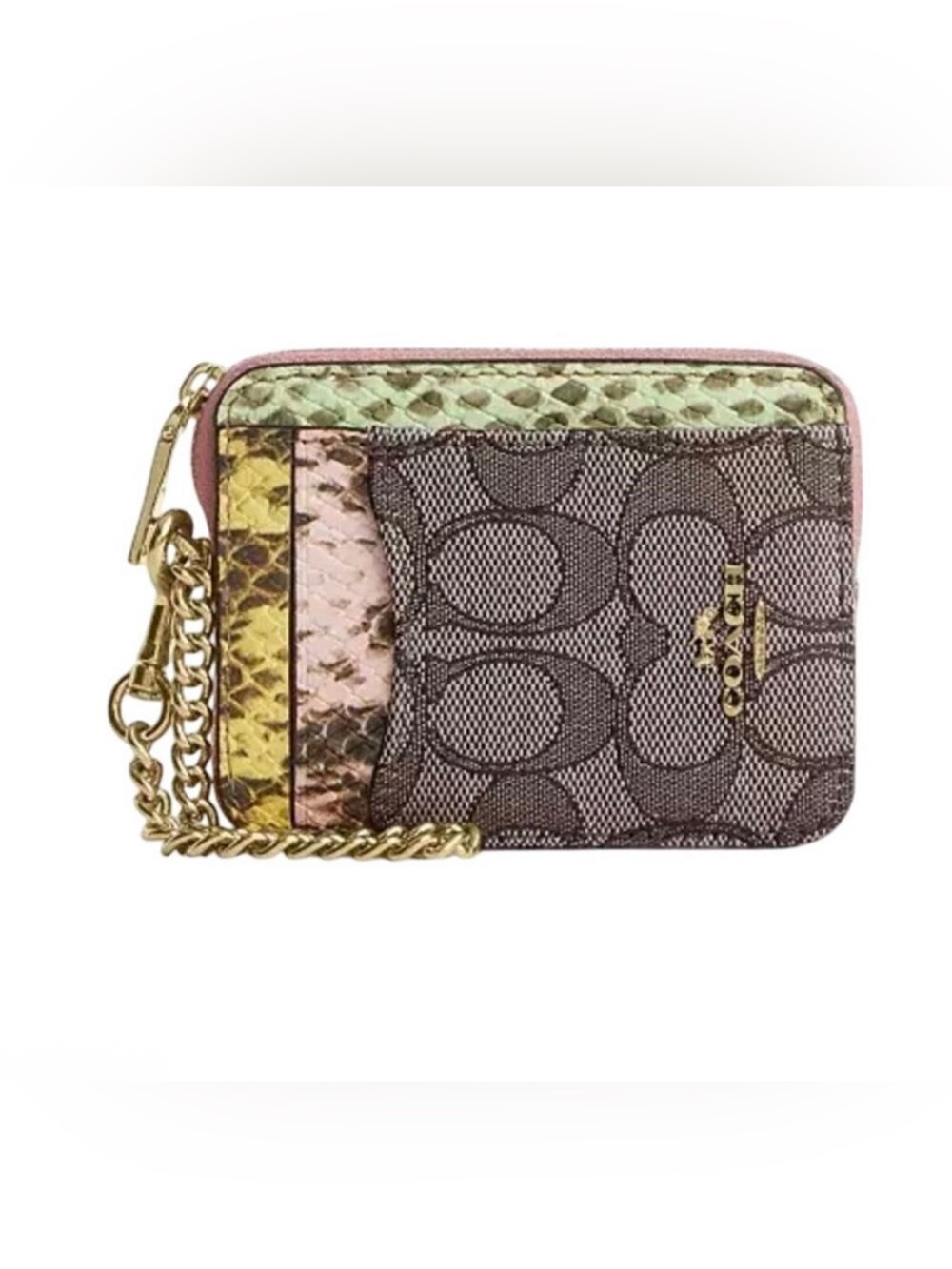COACH Zip Card Case Signature Jacquard & Snake-Embossed Leather- Gold Hardware